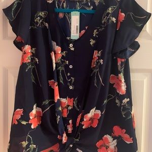 Navy floral tie front top with buttons